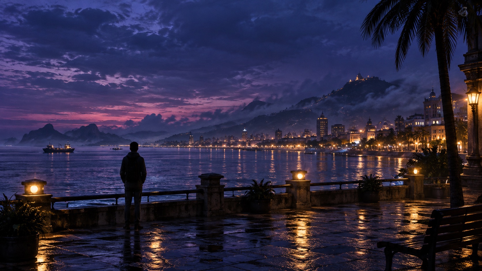 Illustrative cinematic concept of a person overlooking a coastal city at dusk