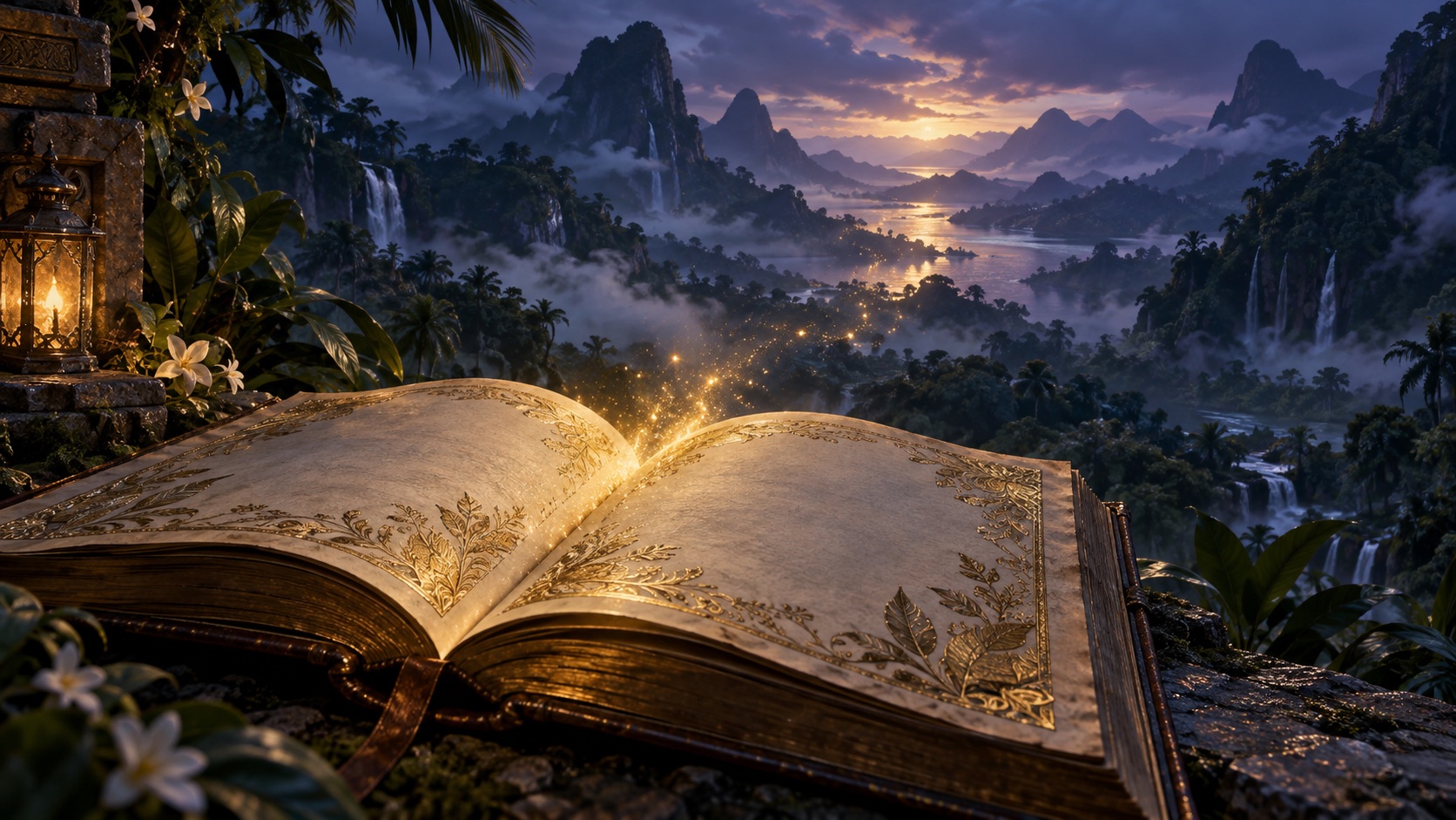 Fantasy book trailer concept visual with an open book and tropical mountains